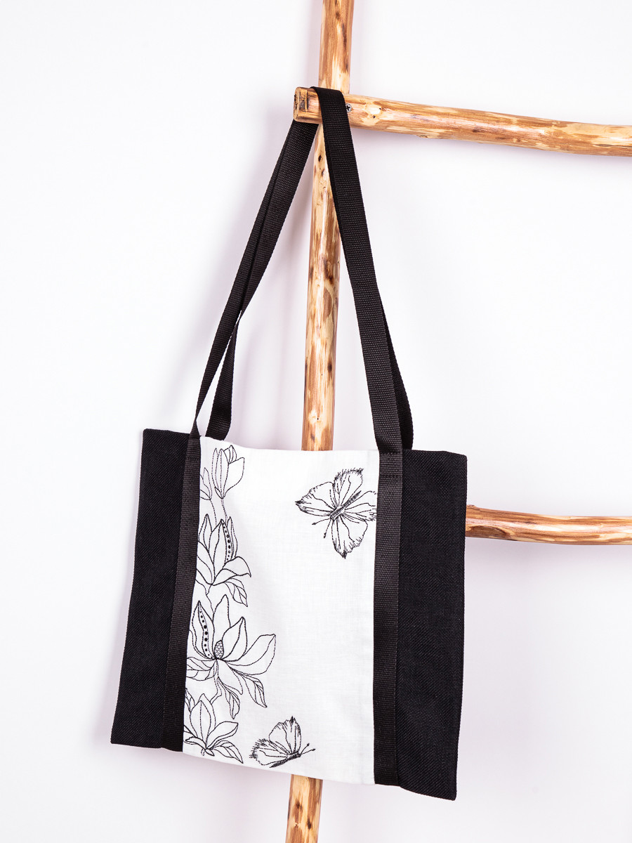 Магнолия сумка-шоппер летняя резная лен белый + рогожка черный